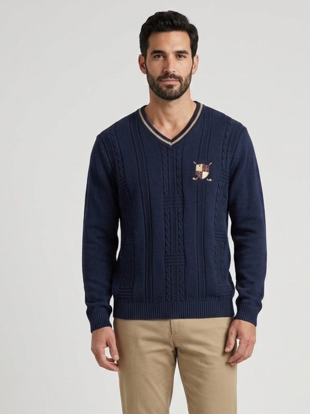 Vtg Arnold Palmer Navy V-Neck Cable Knit Cotton Long Sleeve Sweater Size Large